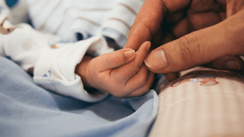An adult holder a newborn babies hand.