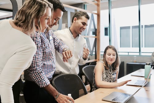 A group of people have a conversation around a conference room table