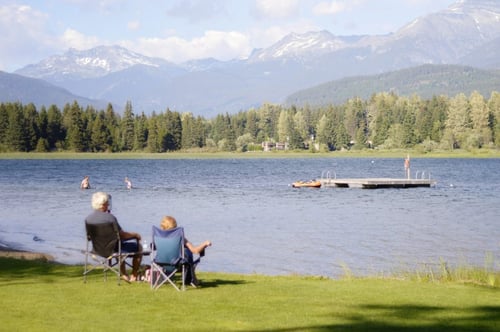 Two people sit on lawn shares overlooking a body of water