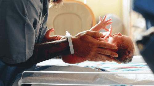 An adult with a hospital bracelet on has their hands in view while holding a newborn baby over a plastic hospital bassinet.