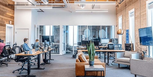 A open floor plan office with people scattered throughout working at their computers. 