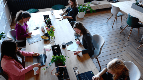 A group of people sit at a conference table working on their laptops and engaging in a discussion. 