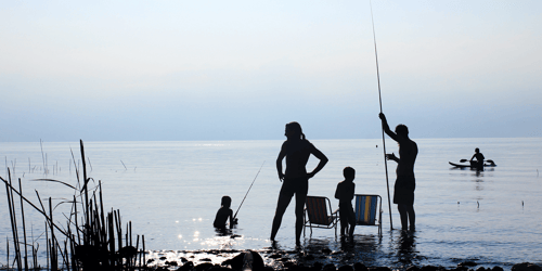 A family of four is fishing on the beach together.