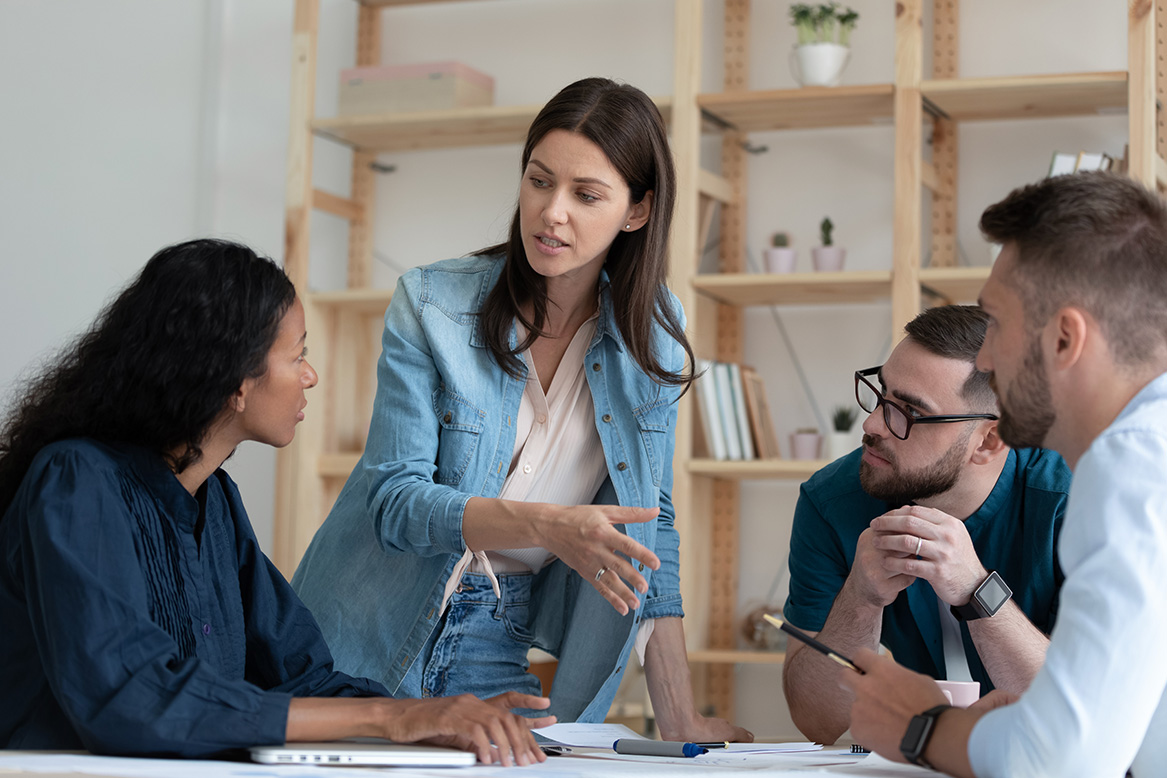Team brainstorming at a table